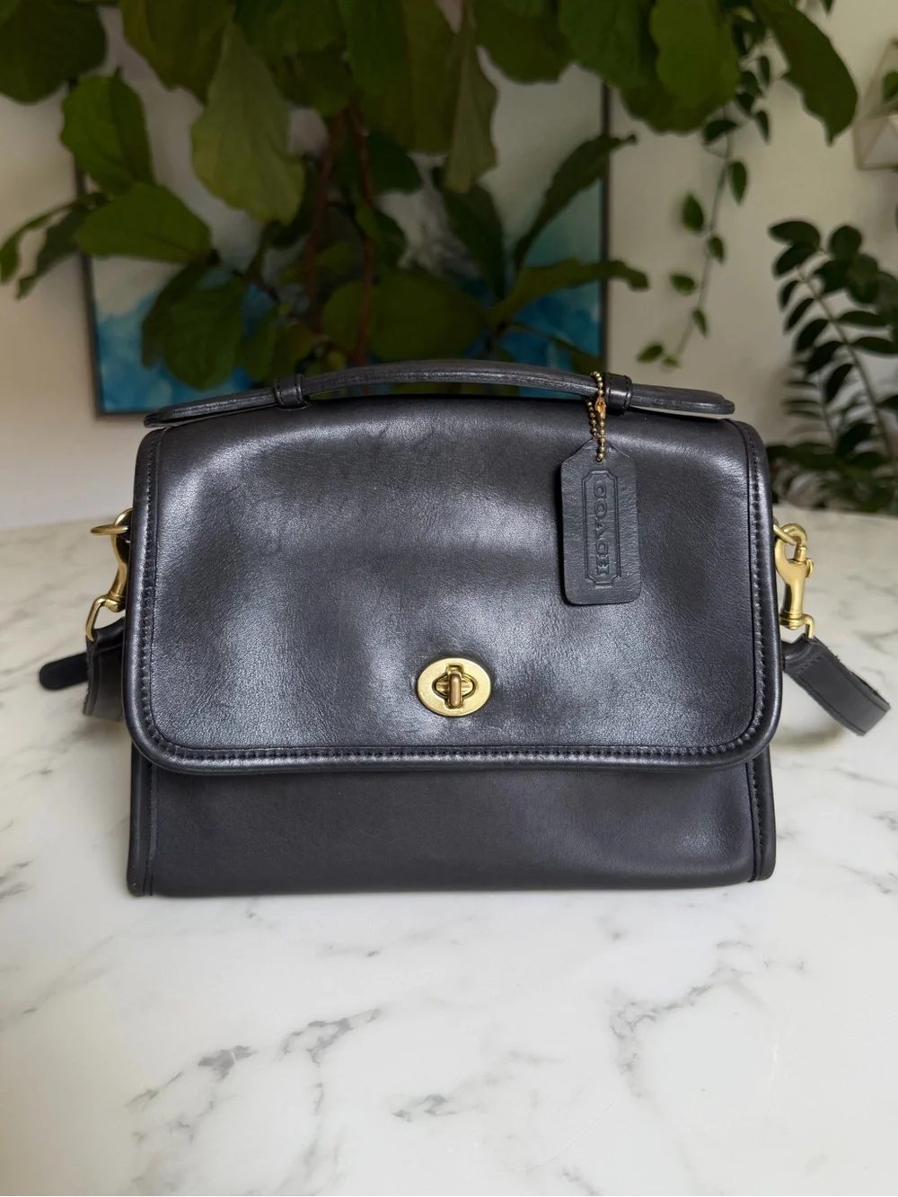 Coach Vintage Court Turnlock Leather Crossbody Shoulder Bag 9870 Black 90's Y2K